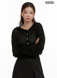 see-through-crop-hooded-cardigan-ou413 / Black