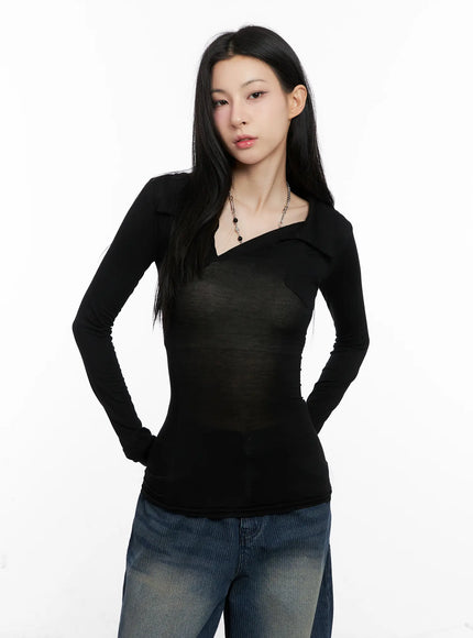 asymmetrical-collar-slim-fit-long-sleeve-top-cg526 / Black