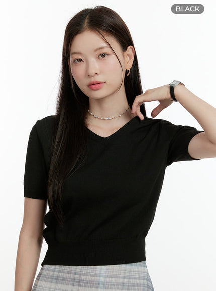 v-neck-short-sleeve-knit-top-ol423 / Black