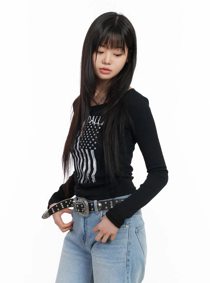 graphic-flag-print-long-sleeve-top-cm512 / Black