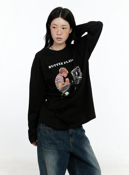oversized-graphic-long-sleeve-top-cn517 / Black