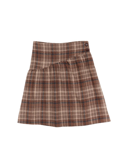plaid-button-detail-flare-midi-skirt-cj520 / Brown