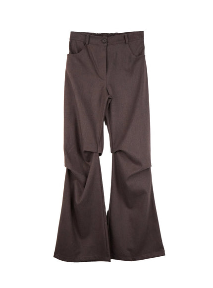 pintuck-wool-blend-flared-pants-cn421 / Brown