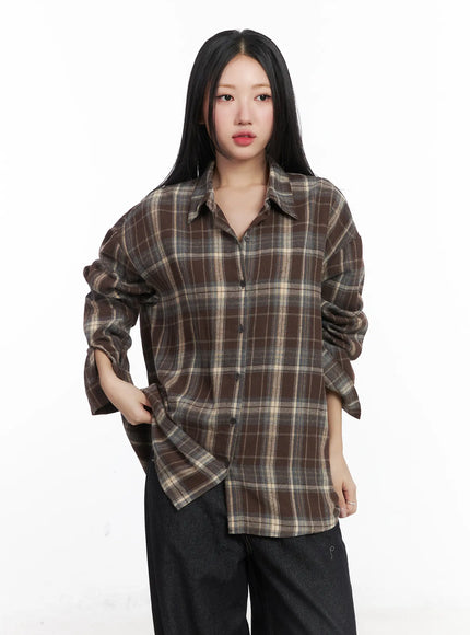 oversized-plaid-button-up-shirt-cd529 / Brown