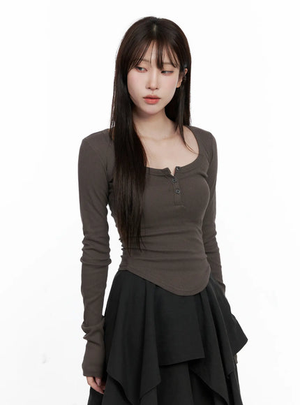 buttoned-u-neck-crop-long-sleeve-top-co521 / Dark beige