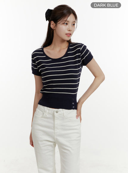 unbalanced-buttoned-crop-knit-tee-oy409 / Dark blue