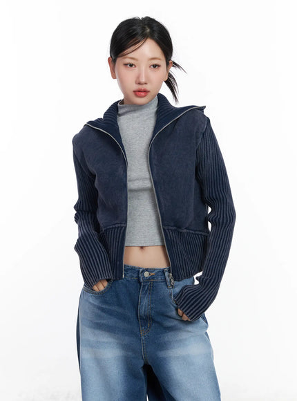 ribbed-high-neck-zip-up-cardigan-cj530 / Dark blue