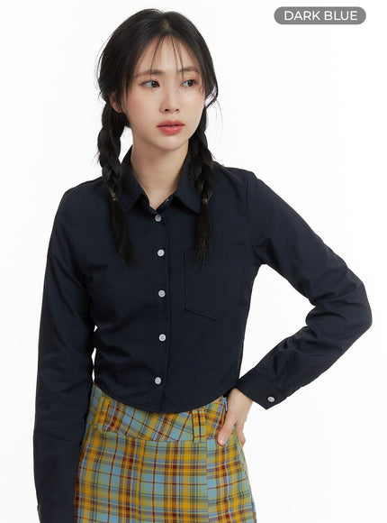 solid-collar-button-up-crop-top-om408 / Dark blue