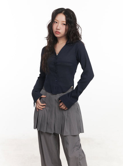 sheer-collared-button-down-shirt-ca518 / Dark blue