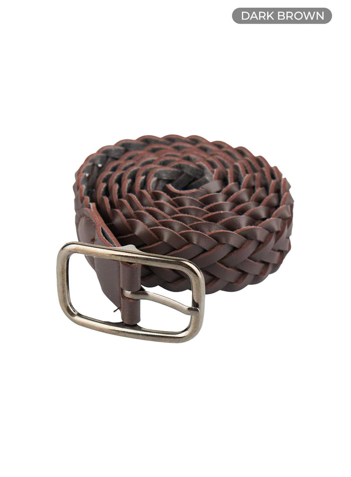 faux-leather-woven-belt-ou413 / Dark brown