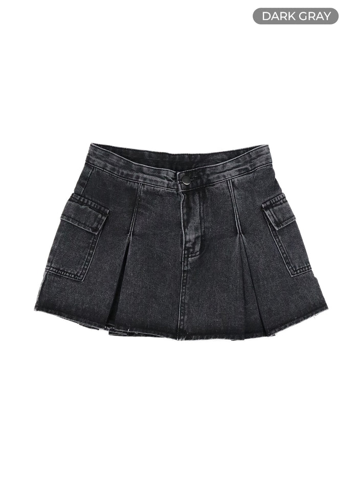 pleated-denim-cargo-mini-skirt-om418 / Dark gray