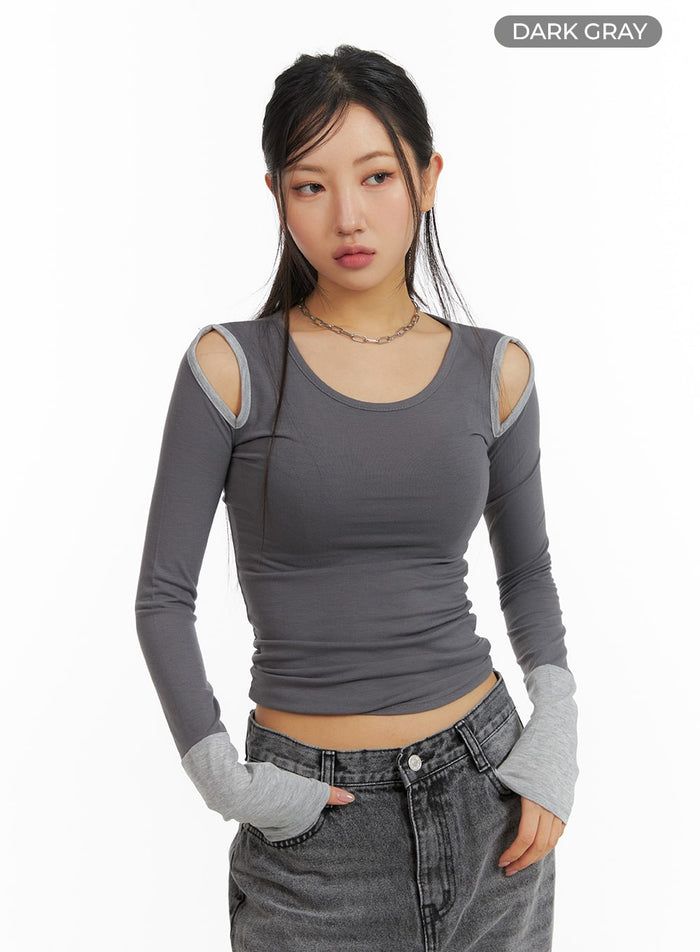 shoulder-cut-out-contrasting-long-sleeve-cm412 / Dark gray