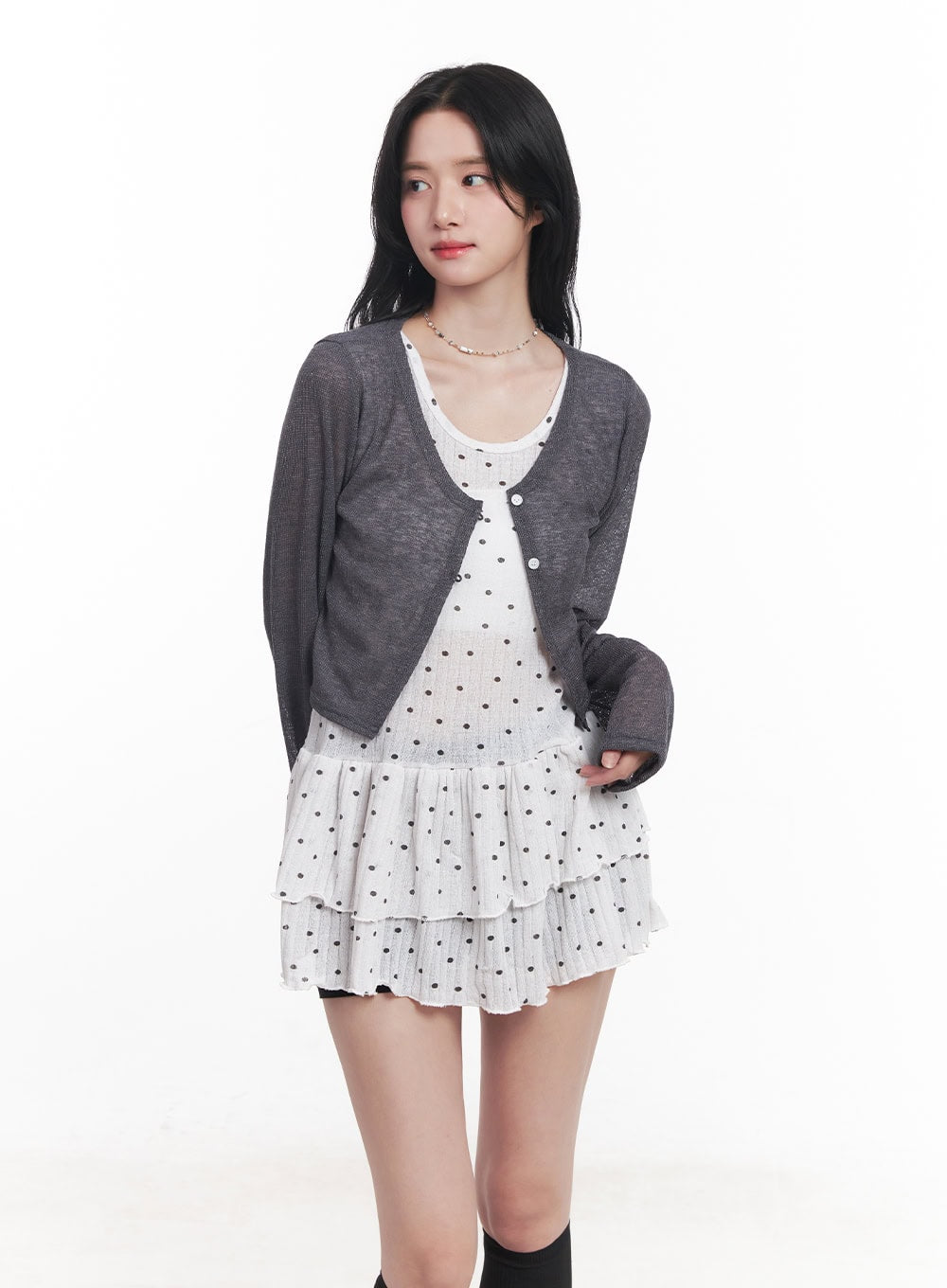 sheer-buttoned-crop-cardigan-cy526 / Dark gray