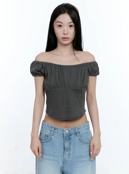off-shoulder-eyelet-puff-sleeve-top-cl530 / Dark gray
