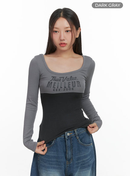 mixed-color-u-neck-letter-print-slim-tee-co404 / Dark gray