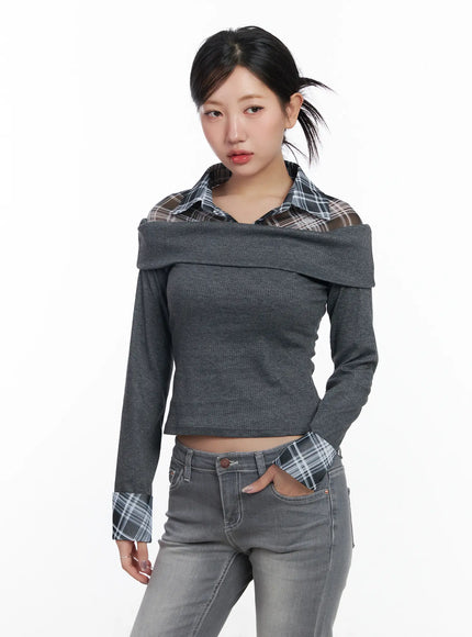 layered-off-shoulder-long-sleeve-top-cj530 / Dark gray
