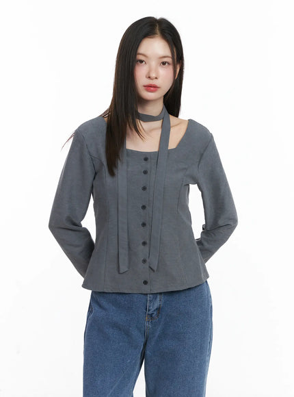 chic-blouse-and-scarf-set-cj507 / Dark gray
