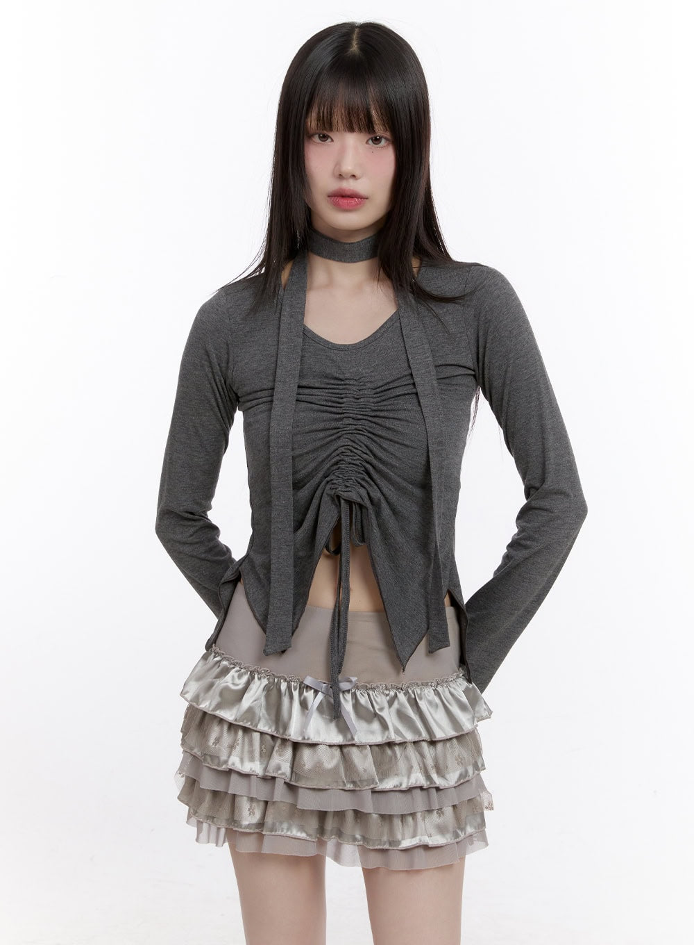 gathered-slim-fit-long-sleeve-top-cf512 / Dark gray