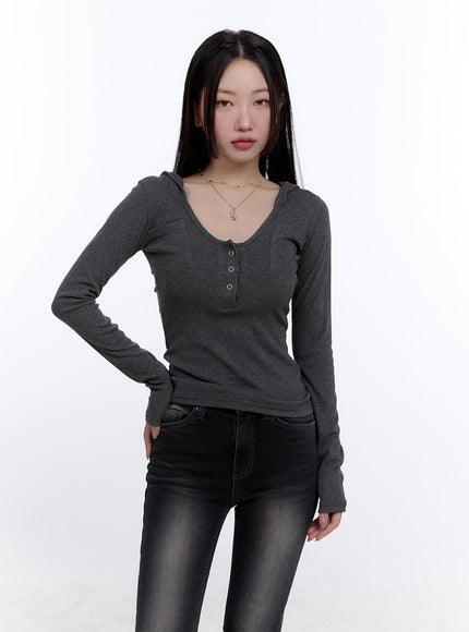 henley-neck-hooded-top-cj511 / Dark gray