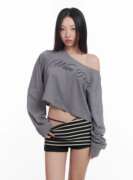 long-sleeve-graphic-off-shoulder-top-cu516 / Dark gray