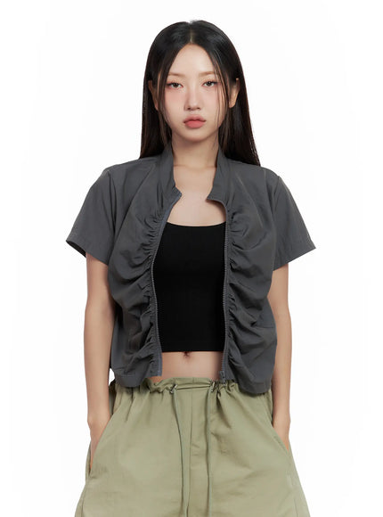 shirred-zip-nylon-short-sleeve-jacket-cl509 / Dark gray