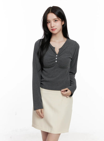 buttoned-crop-long-sleeve-top-co524 / Dark gray