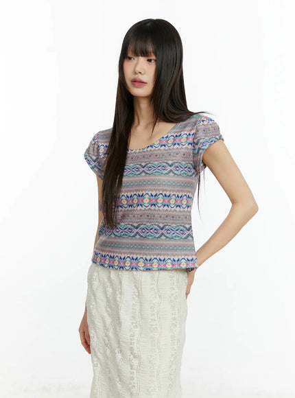 fair-isle-puff-short-sleeve-top-cf509 / Dark pink