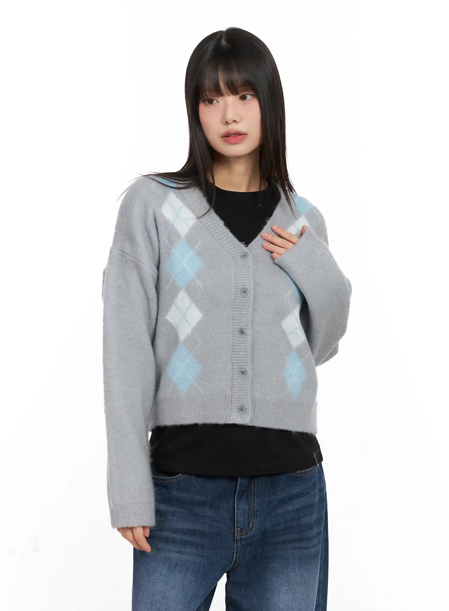argyle-brush-cardigan-cn521 / Gray