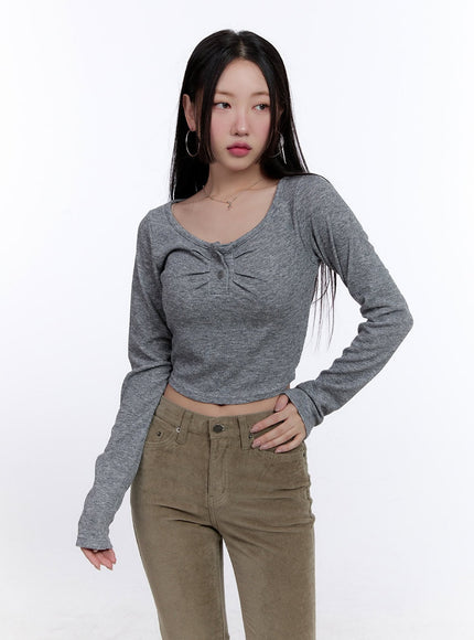 Shirred Long-Sleeve Buttoned Crop Tee CJ513