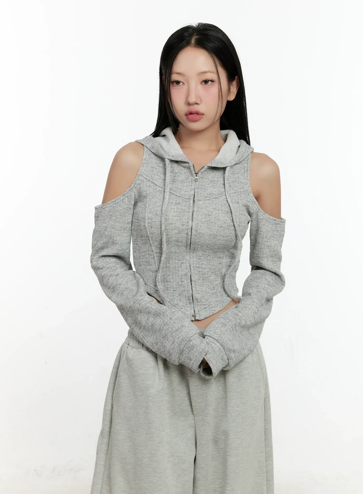 ribbed-shoulder-cut-out-hoodie-cn506 / Gray