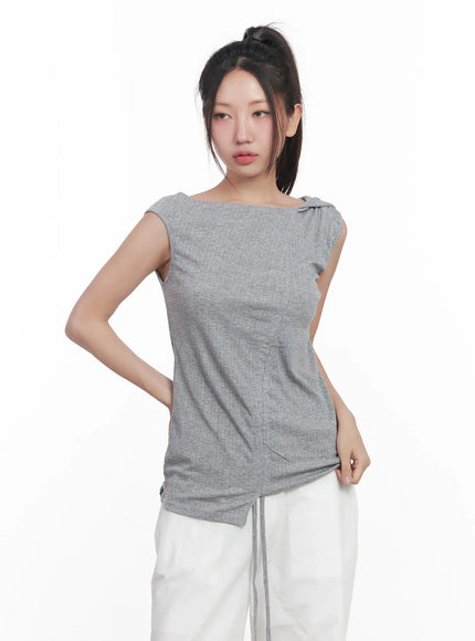 asymmetric-hooded-sleeveless-top-cu517 / Gray