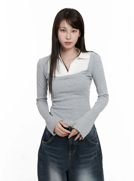 two-tone-square-neck-long-sleeve-top-co521 / Gray