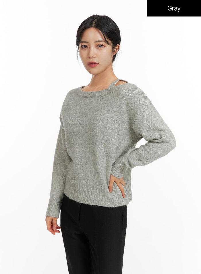 one-shoulder-knit-sweater-of419 / Gray