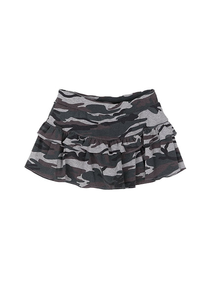 camo-print-ruffle-mini-skirt-cu502 / Gray