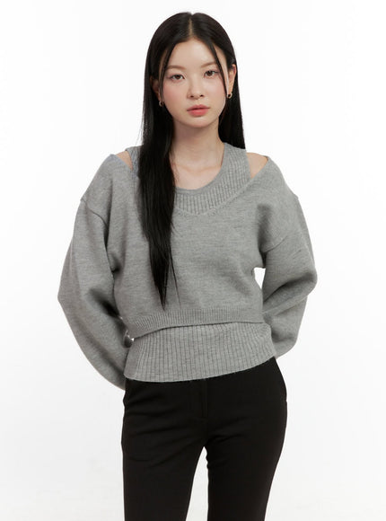 v-neck-cropped-sweater-on408 / Gray