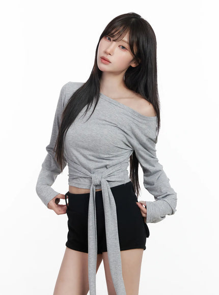 Off-Shoulder Wrap Tie Long Sleeve Top CF523