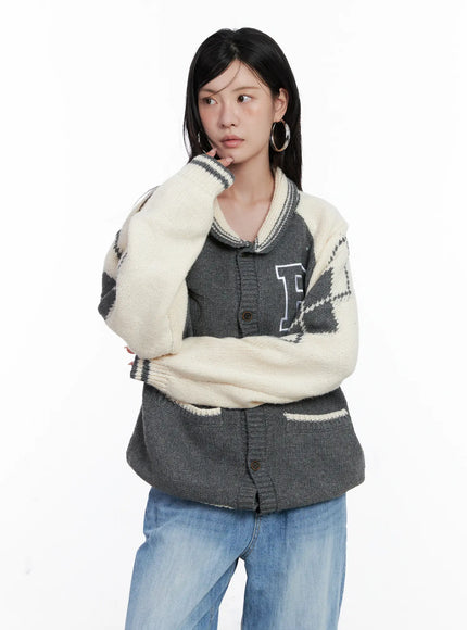 varsity-knit-buttoned-cardigan-cs529 / Gray