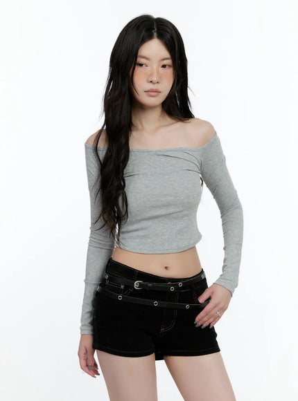 ribbed-off-shoulder-long-sleeve-cn517 / Gray