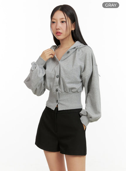 buttoned-crop-sweat-hoodie-ou411 / Gray