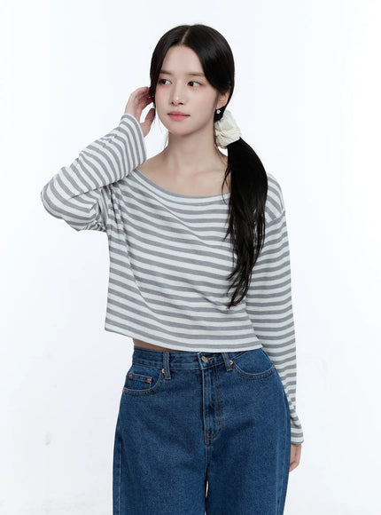 striped-loose-fit-long-sleeve-top-cg514 / Gray