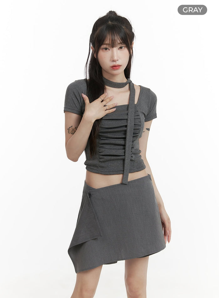 square-neck-shirred-crop-top-with-thin-scarf-cy407 / Gray