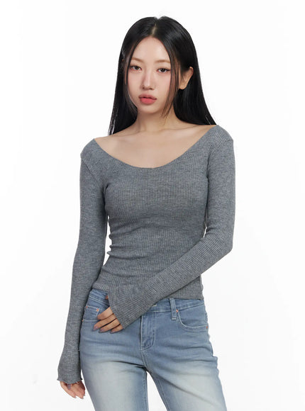basic-v-neck-ribbed-long-sleeve-top-cf503 / Gray