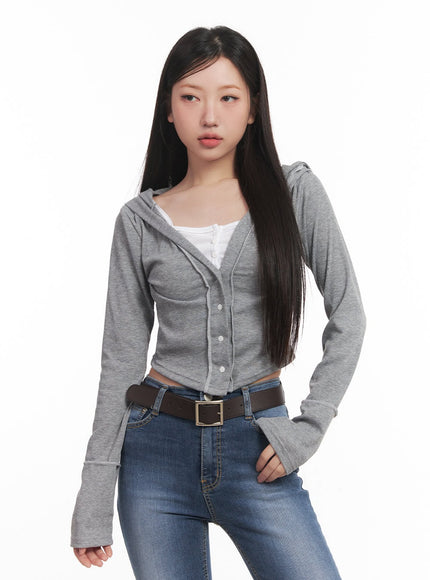 hooded-layered-crop-cardigan-cm531 / Gray