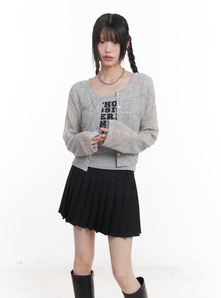 sheer-buttoned-crop-cardigan-cu506 / Gray