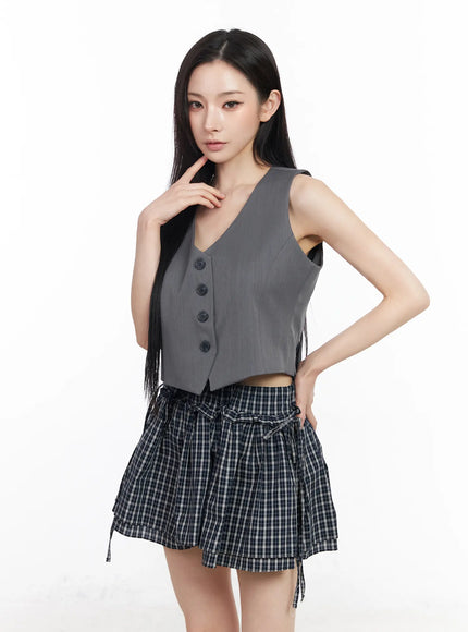 buttoned-back-belted-crop-vest-cm519 / Gray