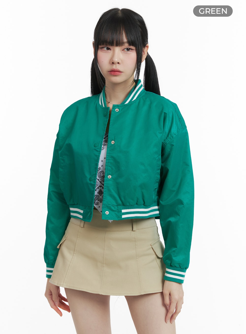 solid-button-bomber-jacket-om426 / Green
