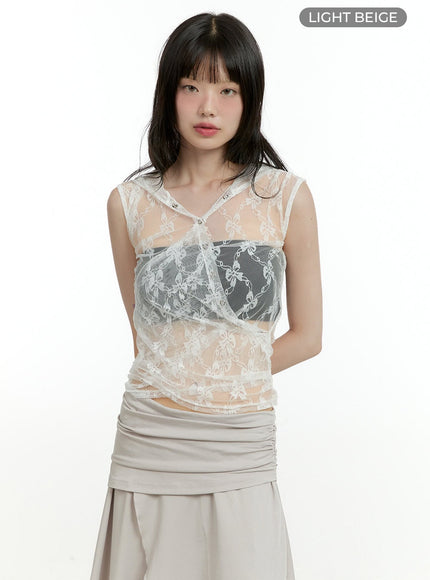 see-through-buttoned-sleeveless-hoodie-top-cl426 / Light beige