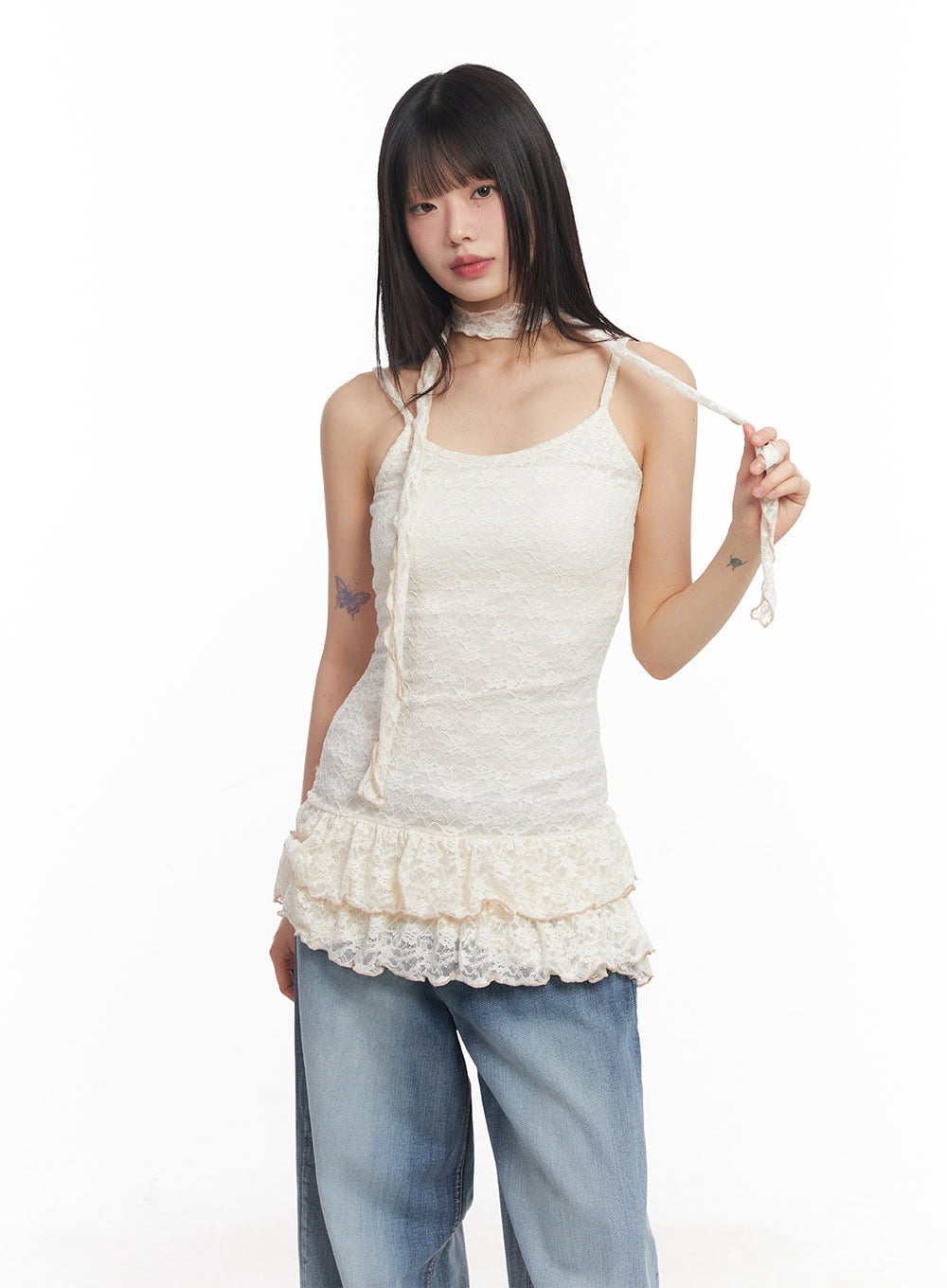 frilly-lace-mini-dress-with-scarf-set-cy512 / Light beige