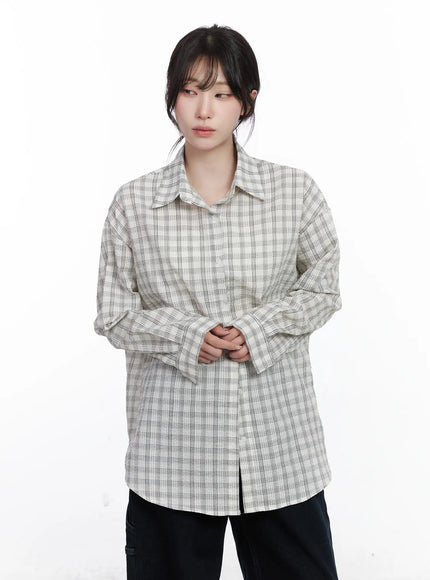 oversized-checkered-long-sleeve-shirt-cj526 / Light beige