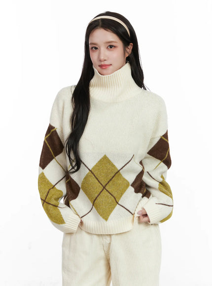 Argyle Turtleneck Knit Sweater CN526